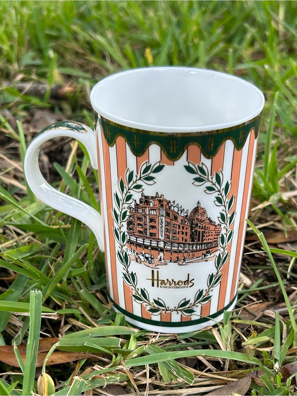 Harrods Orange & Green Striped Decorative Fine Bone China Mug